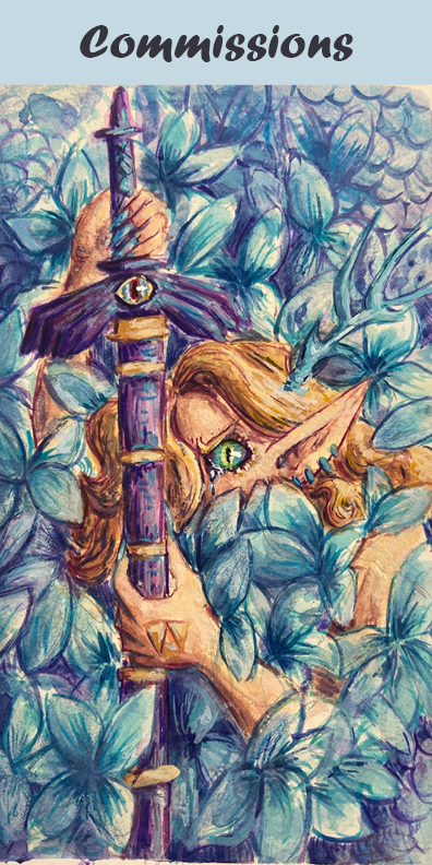 Gouache painting of a woman in blue flowers