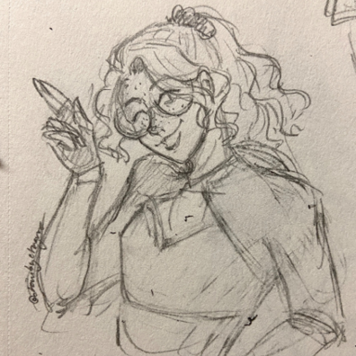 Pencil sketch of young woman smiling.